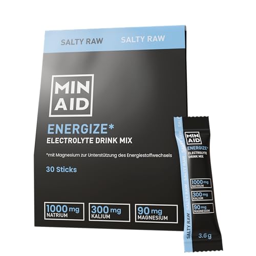 MINAID Electrolyte Drink Mix - Elektrolytpulver mit Natrium, Kalium & Magnesium - Für Energie, Fokus & Regeneration Ohne Zucker, vegan & glutenfrei - 30 Sticks (Salty Raw)