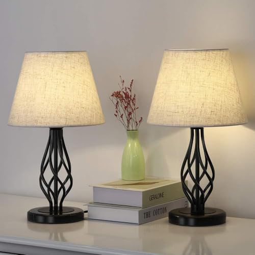 Tischlampen mit Leinenbezug 2er Set, Nachttisch Nachttischlampe für Schlafzimmer, Lampenpaar aus schwarzem Marmor mit Lampenschirm aus Leinen, Schreibtisch Leselampe für Wohnzimmer, Kommoden