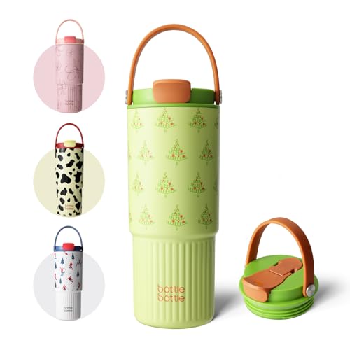BOTTLE BOTTLE Isolierte Wasserflasche mit Strohhalm und Griff Edelstahl-Wasserflaschen für Auto Sport Zuhause Büro und Schule 750 ml auslaufsicher (Baum)