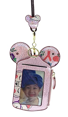 Cute Animal Mickey ID Case Card Holder Travel Neck Pouch Cute Small Fashion Student ID Card Holder Coin Wallet Purse for Women/Girls/Children (Shiny Pink)