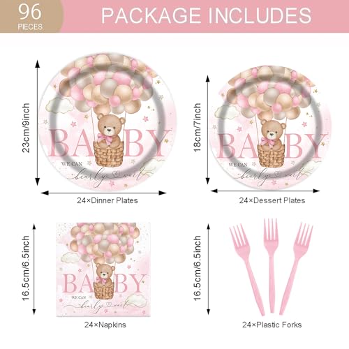 Fitumiw 96Pcs Bear Baby Shower Party Tableware Supplies Bear Plates and Napkins We Can Bearly Wait Party Set Baby Shower Decorations for Girl Serve 24 Guests (Pink)