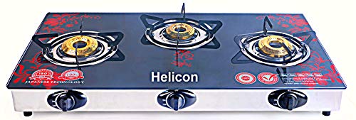 Helicon Premium Red & Black Glass 3 Burner Automatic Gas Stove Stainless Steel & Toughened Glass (Auto Ignition) _Full Size