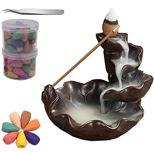 Guador Quemador de Incienso Hecho Mano Cerámica Efecto Cascada de Humo Porta inciensos con 100 Natural Conos Incienso y 1 Pinzas para Aromaterapia Casa Oficina Manualidades（Marrón）