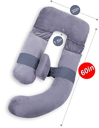 Awesling 60in Full Body Pillow | Nursing, Maternity and Pregnancy Body Pillow | Extra Large U Shape Pillow and Lounger with Detachable Side, Separate Support Pillow and Removable Cover (Grey)