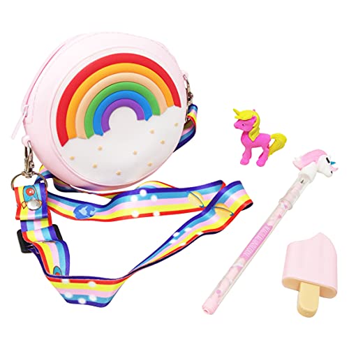 Parteet Combo (Pack of 4 Items) Stationery Set of Multipurpose Round Rainbow Printed Silicon Pouch/Unicorn Pencil/Ice Cream Highlighter and Unicorn Eraser for Kids