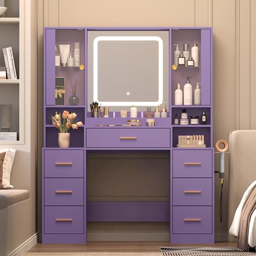 Image of Wodeer Purple Makeup Vanity Desk with Mirror & Lights, Modern Vanity Table with Charging Station, 7 Drawers, Glass Cabinet, Adjustable Shelves, Bedroom Dressing Table Set for Women & Girls