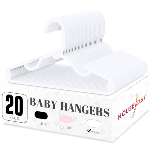 Image of HOUSE DAY Plastic Baby Hangers for Closet 20 Pack, Durable Plastic Kids Hangers for Baby Clothes, Thin & Compact Childrens Hangers, Space Saving White Baby Hangers, Small Hangers for Kids Clothes