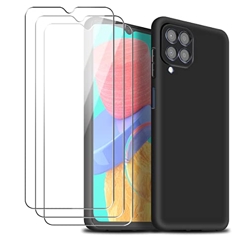Funda para Samsung Galaxy M33 5G con Tres Cristal Templado Protector de Pantalla, Negro Suave Líquido Silicona Protectora Carcasa para Samsung Galaxy M33 5G 6.6" Cover