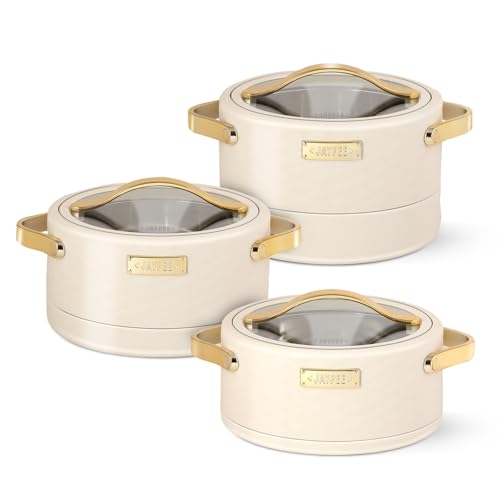 Image of JAYPEE Luxura Klass Set Inner Steel Serving Painted Casserole Set Of 3 Toughened Glass Lid Advanced PU Insulated 100% Food Grade Lockable Hot Box Easy To Keep Roti,Pulao & More|1500,2000,2500 Ml,Ivory