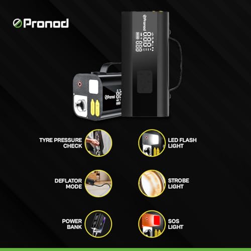 Image of Pronod Portable Air Compressor for Car Tires, 150 PSI Cordless Tire Inflator Pump with Digital Pressure Gauge, Power Bank & LED Emergency Light, Electric Air Pump for Car, Bike, Motorcycle, Bicycle