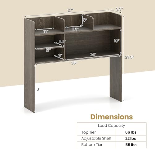 Image of Tangkula Desktop Bookshelf for Computer Up to 32 inch, 37 inch Countertop Storage Hutch with 6 Storage Shelves, 3-Tier Desktop Organizer Display Rack, Wooden Desk Hutch for Dorm Home Office (Grey,6 Shelves)