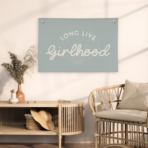 Image of Cute Blue Coastal Girls Room Decor,Beach Room Decor Long Live Girlhood Sea Shells Linen Hanging Banner Flag for Nursery Playroom Wall,Toddler Decorations Trendy 30x20,girlroom