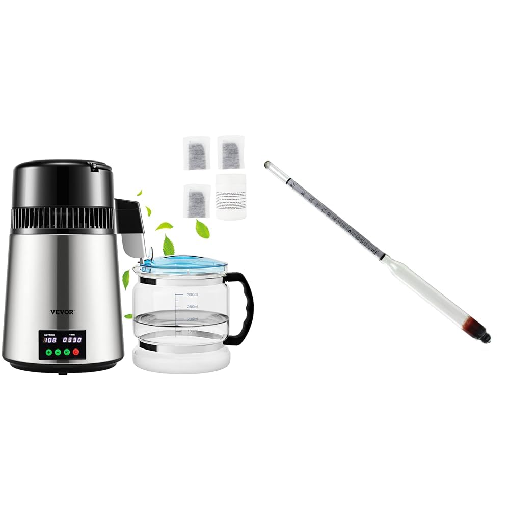 VEVOR 1.1 Gal Water Distiller, 0.3 Gal/H, Distilled Water Maker Machine & FastRack Hydrometer Alcohol 0-200 Proof and Tralle Hydrometer