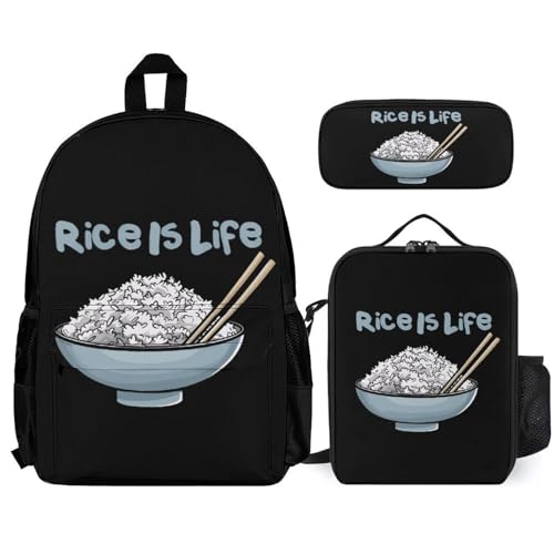 Rice is Life Printed Backpack Set 3 Pcs Daypack Sets with Lunch Box and Pencil Case for Women Men