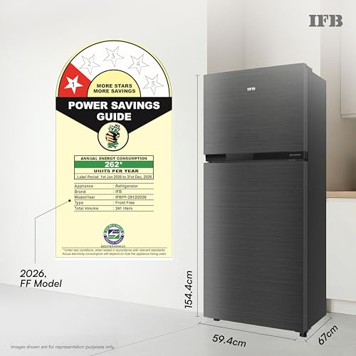 Image of IFB 241L 1 Star 10-in-1 Convertible, Advanced Inverter Frost-Free Double Door Refrigerator with 30 Hrs Cooling Retention, Turbo Freeze & 4 Year Super Warranty (2026, IFBFF-291AYOSET, Onyx Grey)