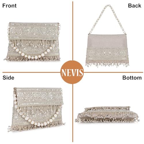 Image of Nevis PU Silk Fabric Women's Embellished bride Clutch with Pearl Handle | Fancy Designe & Wedding Potli Bag for Festive & Evening