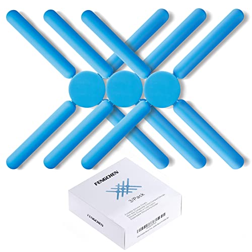 3/Pack Foldable Trivets Silicone, FENGCHEN Folding Trivets, Non-Slip Collapsible Cross Compact Design Expandable Silicone Pot Holder, Blue