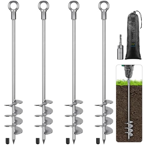 4 Pack 24 Inch Ground Anchors Screw in Heavy Duty Earth Anchor Stakes Kits Carbon Steel High Wind Trampoline Anchor 30MM Blade Spiral Tent Anchors for Sheds, Swing Set, Carport, Canopy, Fixed Boat