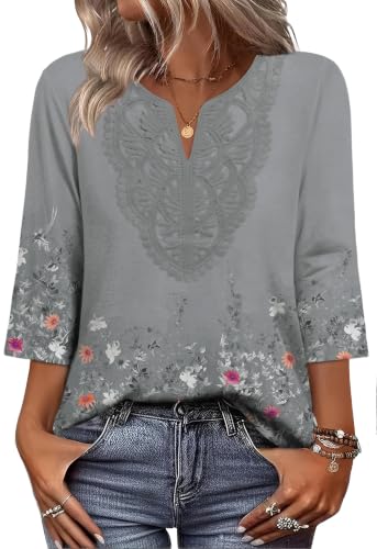 Image of WIHOLL 3 /4 Length Sleeve Womens Tops Boho V Neck Lace Shirt Trendy Blouses Dressy Casual Vacation Clothes S-3XL
