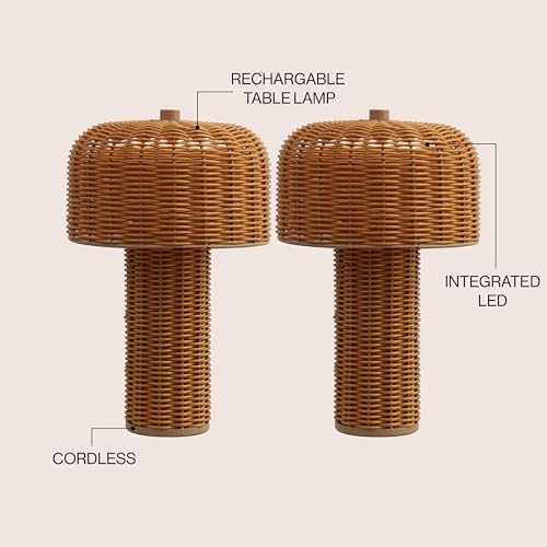 Image of JONATHAN Y 10 inch Light Brown /Brown Modern Scandinavian Faux Wicker Rechargeable Table Lamp Set of 2, Cordless Dimmable Integrated LED Lantern for Indoor /Outdoor Patio, Woven Shade (JYL7155B-SET2)