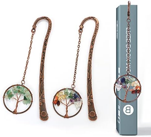 BENOSPACE 2 Pcs Tree of Life Bookmark Metal Religious Bronze Star Sun Moon Bookmarks Vintage 7 Chakra Crystals Healing Stone Beaded Charm Pendant for Women Student Teacher Graduation Christmas Gift