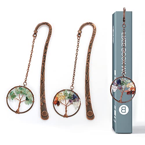 Benospace 2 Pcs Tree Of Life Bookmark Metal Religious Bronze Star Sun Moon Bookmarks Vintage 7 Chakra Crystals Healing Stone Beaded Charm Pendant For Women Student Teacher Graduation Christmas Gift #TOP30