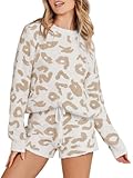 MEROKEETY Women's 2023 Winter Fuzzy Fleece Leopard Long Sleeve Pajama Set 2 Piece Sweater Top and Shorts Loungewear,Apricot,S