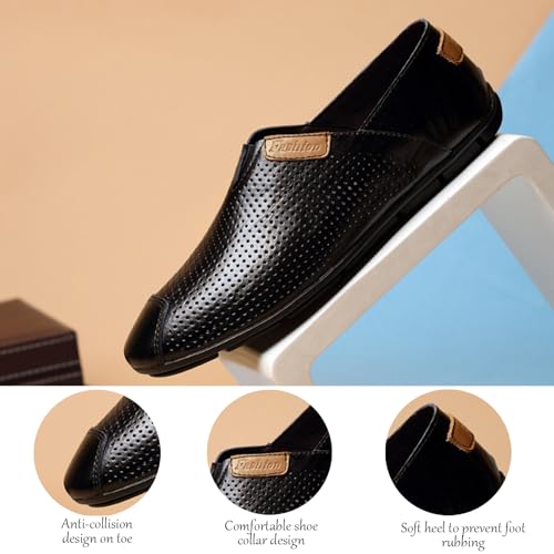 Men's Genuine Leather Flat Loafers Breathable Punching Round Toe Non-Slip Slip-On Fashionable Driving Casual Shoes Light Work Walking Flat Shoes4
