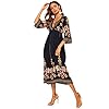 ROMWE Women's Floral Print Deep V Neck 3/4 Sleeve A-Line Bohemian Tribal Boho Midi Dress Multicolored Large