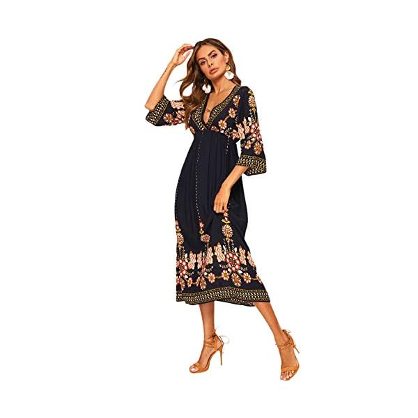 ROMWE Women's Floral Print Deep V Neck 3/4 Sleeve A-Line Bohemian Tribal Boho Midi Dress Multicolored Large