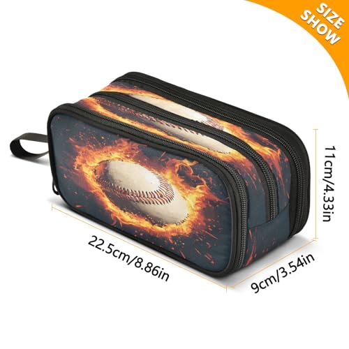 Image of Baseball Magma Flame Pencil Case 3 Compartment Pen Bag Pouch Holder Box School Portable Stationery Storage Bag for Girls Boys