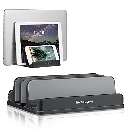 Hivexagon Support Ordinateur Portable Vertical, Porte Tablette 4 Fentes réglables de 16mm à 40mm en Alliage d'aluminium Gain de Place Convient à la Plupart des Ordinateurs Portable (Noir / 4 Fentes) Cover
