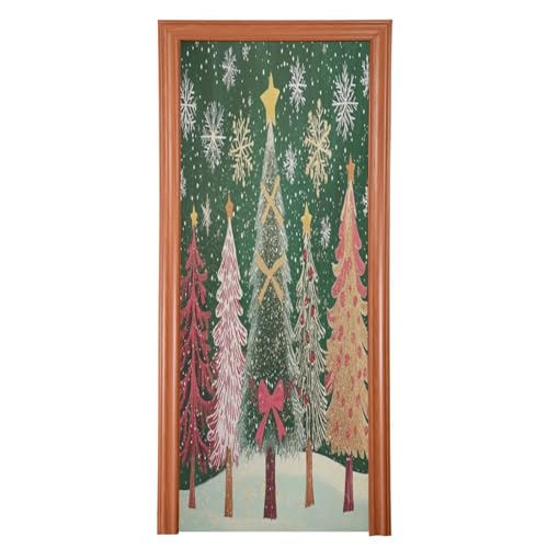 J JOYSAY Christmas Trees Green Snowflakes Door Decorations Door Cover Xmas Decorations Door Xmas Front Door Covering Scary for Christmas Decor,32x79 in