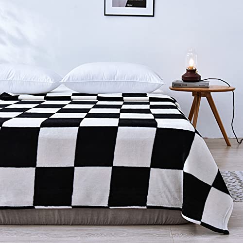 Vessia Large Flannel Fleece Plush Blanket Throw Size(50"X70") - Black And White Checker Lightweight Blanket - 300Gsm Soft Cozy Comfy Microfiber Checkboard Blanket For Sofa,Couch,Bed,Chair #TOP2