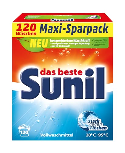 Sunil aktiv Pulver - Vollwaschmittel - für 120 Wäschen - Flecklösekraft, hautverträglich, mikroplastikfrei, vegan - 6 kg