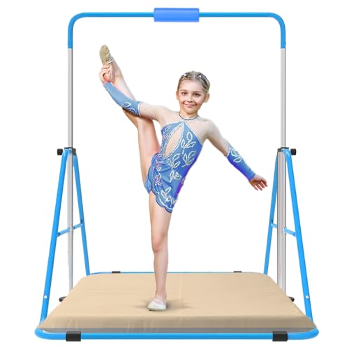Jivifao Gymnastics Bar with Self-Inflating Mat for Kids, Adjustable Height Gymnastic Horizontal Bars with Mat, Folding Gymnastic Training Monkey Bars, Junior Expandable Training Kip Bar for Home