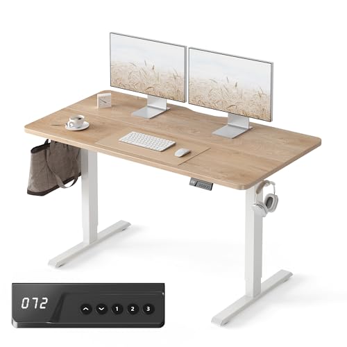 Image of FEZIBO 55 x 24 Inchs Electric Standing Desk, Height Adjustable, Sit Stand Up, Computer Office Desk with Splice Board, White Frame /Maple Top