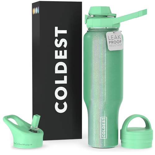 Coldest Sports Water Bottle - 3 in 1 Lids (Chug, Straw, Handle) - Insulated Stainless Steel Tumbler with Handle - Vacuum Water Flask Cup, Valentines Gifts for Him Her (46 oz, Green Aurora Glitter)