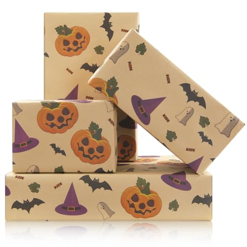 Halloween Wrapping Paper for Kids Scary Funny Orange Jack-O-Lantern Carved Pumpkin Skull Candy Gift Wrap 4 Sheets Folded Flat 74x50cm Per Sheet For Day Of The Dead Halloween Party