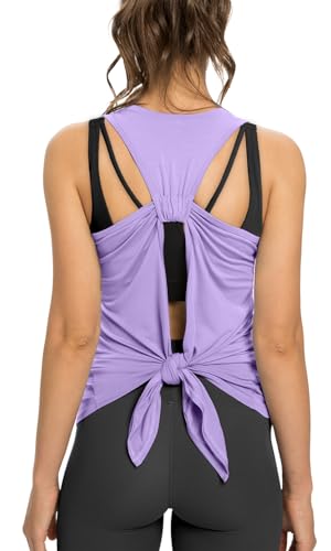 Sanutch Open Back Workout Top Backless Yoga Shirts Tie Back Workout Tank for Women, Light Purple, Small