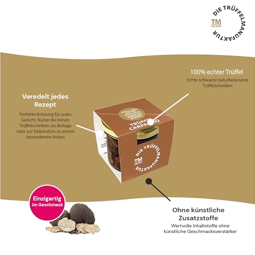 Die Trüffelmanufaktur - Feinkost Trüffel Carpaccio in feinen Scheiben und eigenem Sud, schwarzer echter Sommertrüffel, Trüffelscheiben im 30 g Glas perfekt als Beilage und zur Dekoration