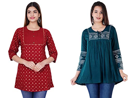Image of Shiva Fab Short Kurti for Women | Embroidered Straight Rayon Kurta | Round Neck Full Sleeves Short Kurti for Women's