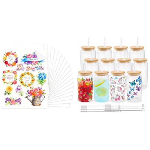 Joyclub Bundle of Sublimation Glossy Sticker Paper 20 Sheets 8.5x11 White and 12 Pack 16 OZ Sublimation Glass Cups Blanks with Bamboo Lid