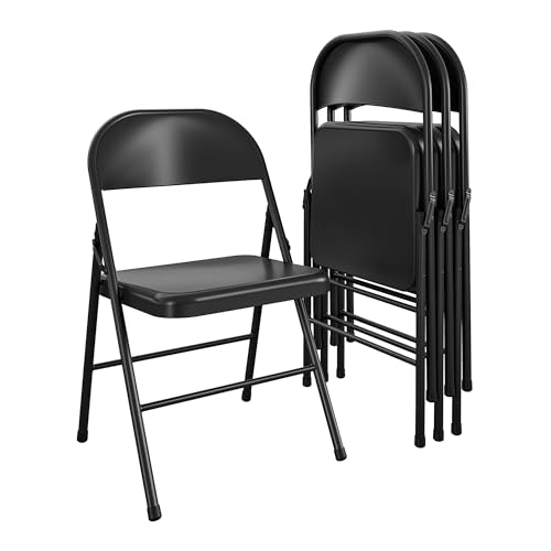 COSCO All-Steel Folding Chair, Black, Set of 4, Heavy Duty Metal Frame, Non-Marring Leg Tips, Compact Storage