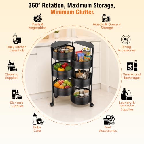 Image of JD FRESH 6 Tier Metal Rotating Kitchen Trolley /360-Degree Rotating Wheels with Expandable Side Opening Design /Movable Butterfly Trolley and Storage Shelf for Kitchen, Livingroom or Bathroom (Black)