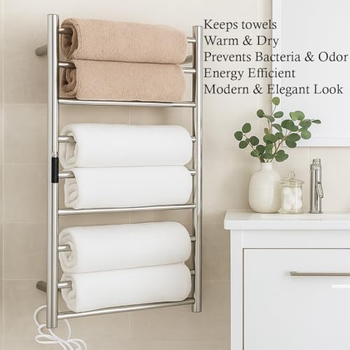 Image of MORZZE MTW-6040 Luxury Electric Towel Warmer 6 Bar, SUS 304 Stainless Steel Heated Towel Rack, Wall Mounted, Adjustable 30-60C, 1-8H Timer, 600x400mm, Fast Drying Bathroom Towel Heater
