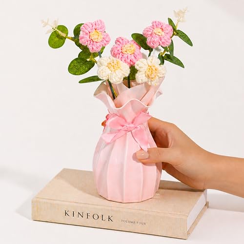 Image of Art Street Handmade Crochet Flower Vase | Pink & White Knitted Artificial Flowers with Green Leaves | Decorative Pink Vase with Ribbon for Home Decor, Birthday, Anniversary