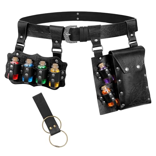 Dicxoser Renaissance Accessories Alchemy Belt Set - Medieval Belt with Embossed Pouch & Potion Bottles for Halloween Cosplay (Black)