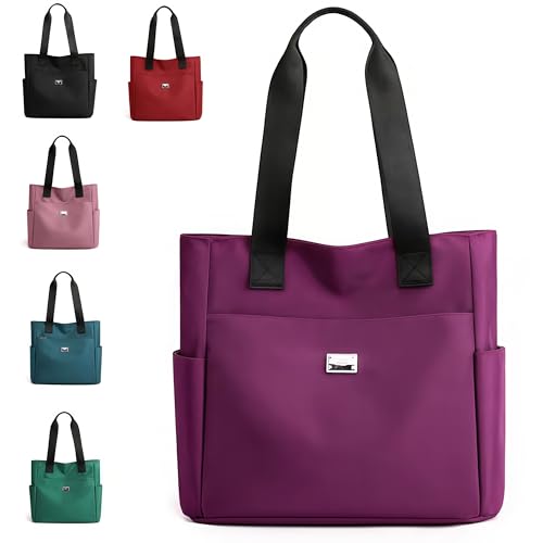 Large capacity water-repellent travel tote bag in purple, featuring multiple pockets, displayed alongside various color options, emphasizing smart features for tech-savvy travelers.