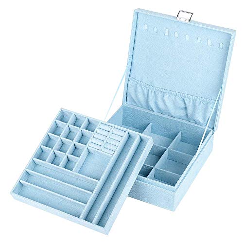 NEX Jewelry Box Organizer, 2 Layers Lint Jewelry Display Storage Case with Lock for Girls and Women(Blue)